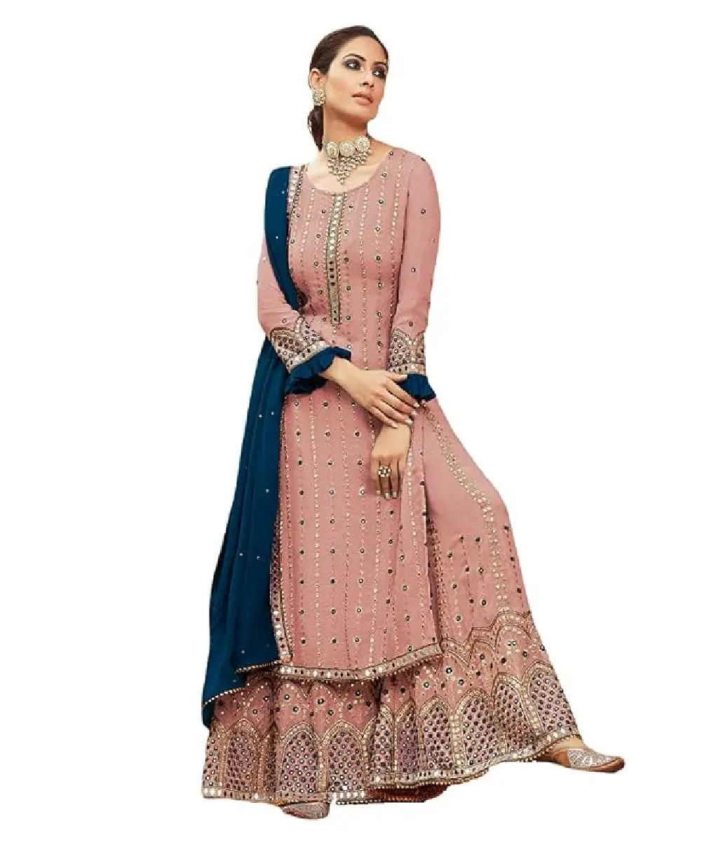 A model is wearing a pink embroidered and stonework georgette shara suit and a blue dupatta.
