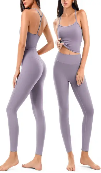 A woman modeling a maroon 2-piece athletic yoga set featuring a Y-back sports bra and high-waisted seamless leggings.