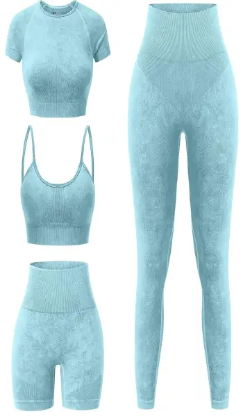 A set of lavender 4-piece seamless athletic wear, including a short sleeve crop top, sports bra, high-waisted biker shorts, and leggings.