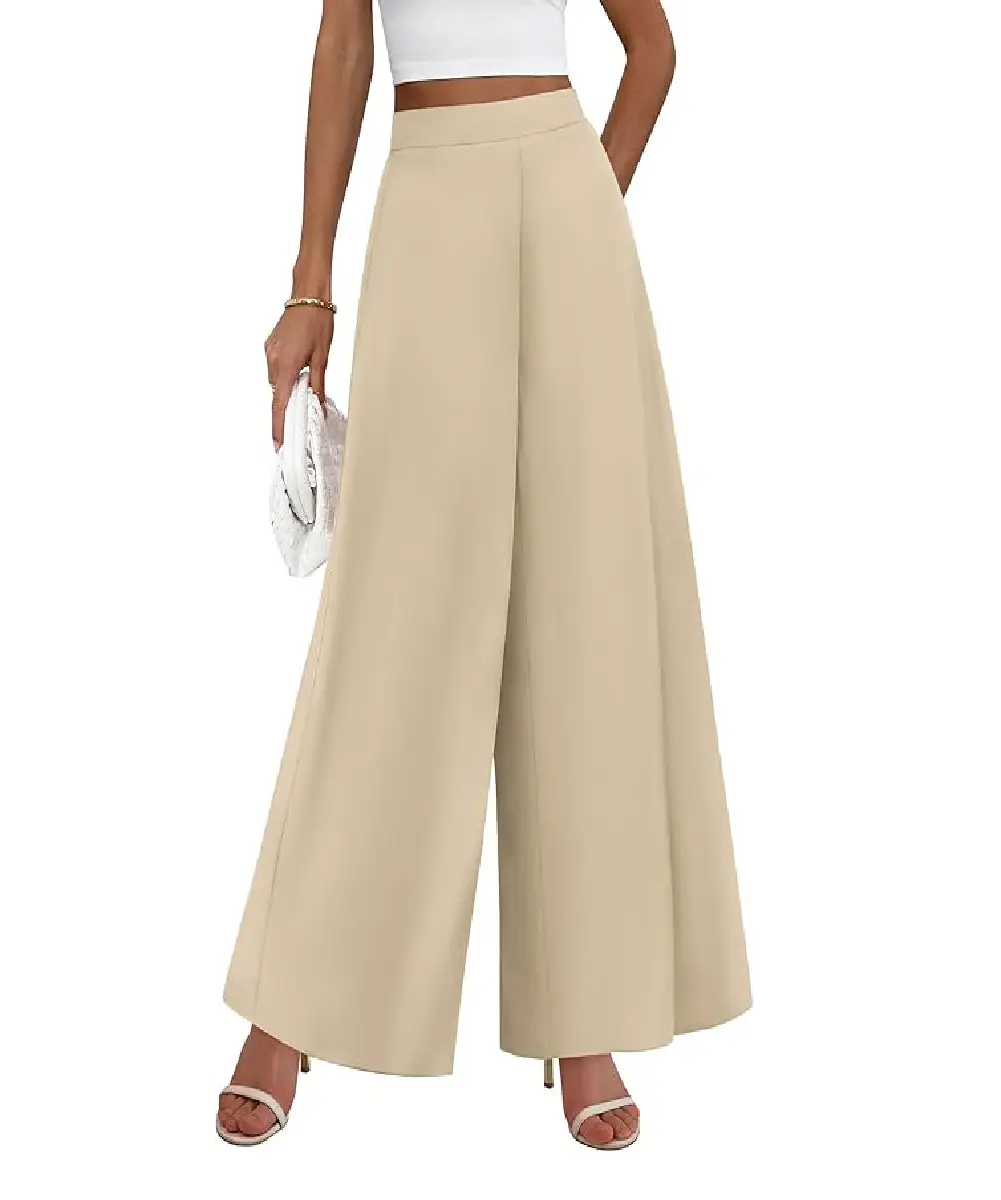 A woman wearing light gray high-waisted wide-leg dress pants with side pockets and a belt, styled for a professional office look.