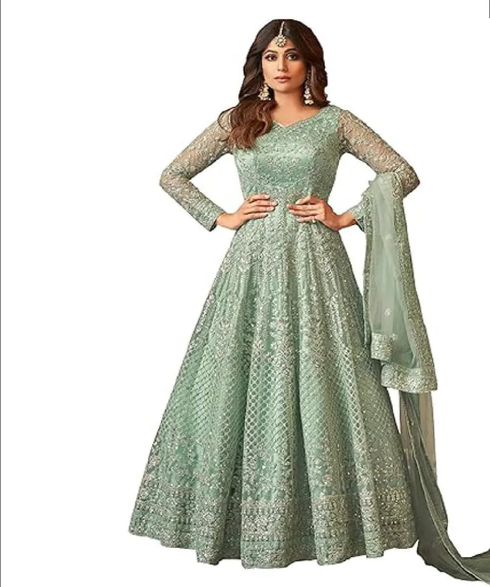 A model is wearing a mint green embroidered butterfly net anarkali salwar kameez.