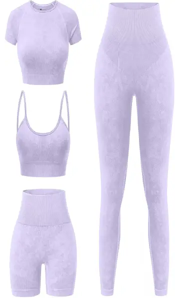 A set of lavender 4-piece seamless athletic wear, including a short sleeve crop top, sports bra, high-waisted biker shorts, and leggings.