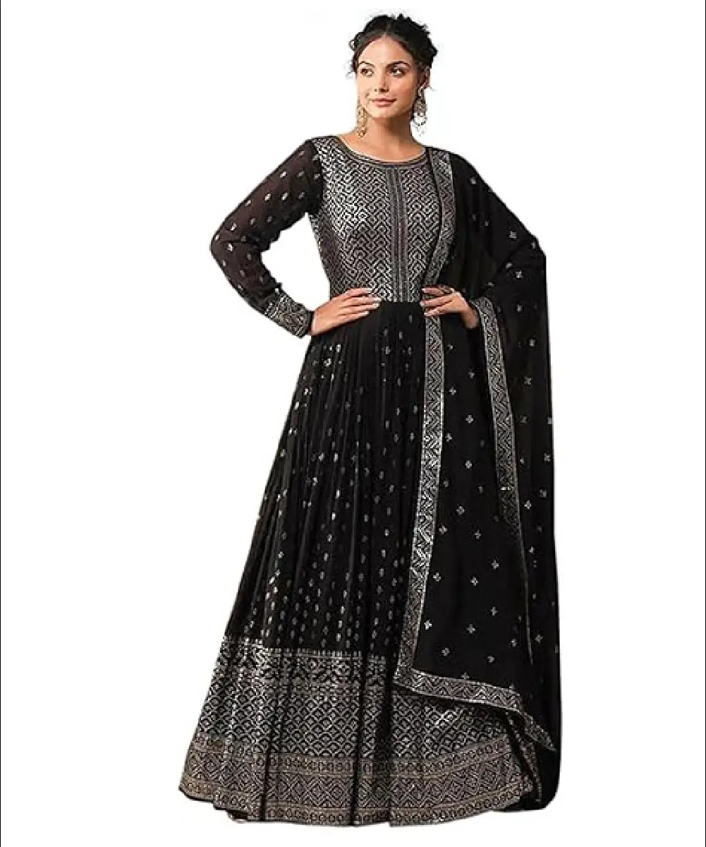 A woman wearing a stylish black Anarkali kurta set made of georgette fabric, featuring detailed embroidery and sequence work with a matching dupatta.