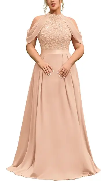 A plus-size model wearing an elegant floor-length champagne formal dress featuring a glitter sequin lace bodice, ethereal chiffon cape sleeves, and cold-shoulder cutouts.