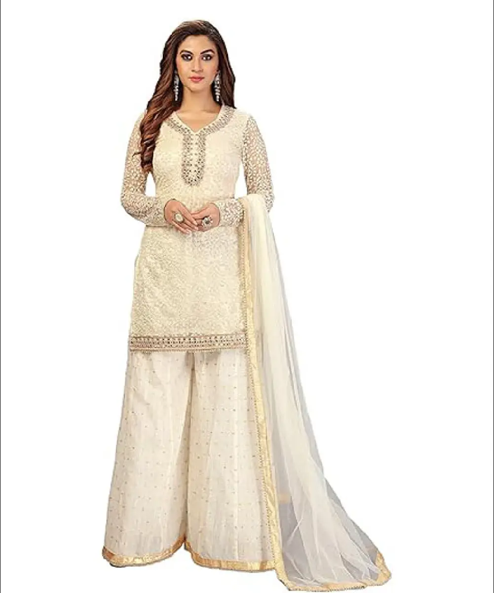 A model is wearing an off-white mirror and sequence work mono net kurta and palazzo suit.