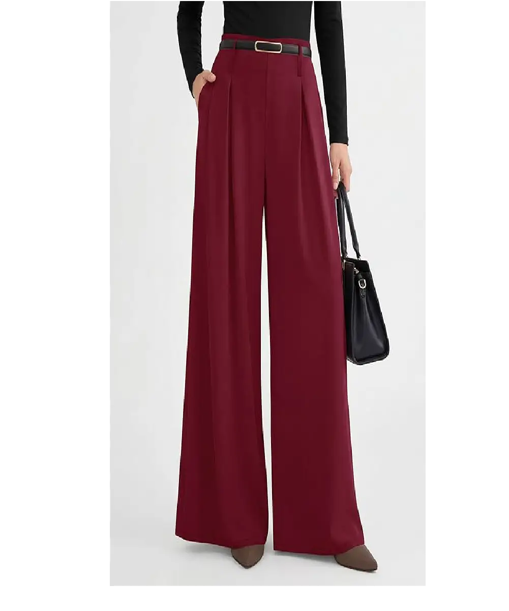A woman wearing light blue high-waisted wide-leg dress pants with side pockets and a belt, styled for a professional office look.