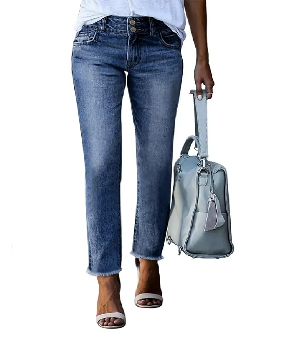 A woman wearing high-waisted, medium-wash straight-leg jeans with a raw hem and two-button front closure, paired with sandals.