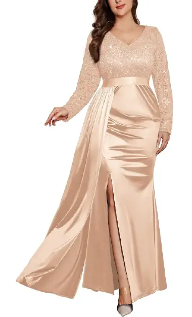 A plus-size model wearing a champagne-colored floor-length gown featuring a sequin lace bodice, long lace sleeves, a V-neck, a pleated satin skirt with a high side slit, and a mermaid hemline.
