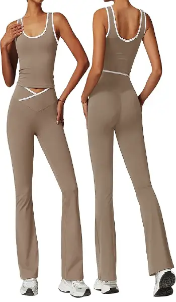 A woman modeling a khaki 2-piece workout set featuring a sweetheart neckline tank top and cross-waist flare yoga pants with white contrast trim.