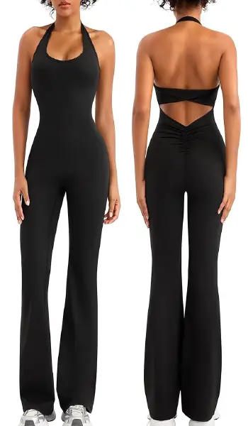 A woman modeling a black backless halter-neck flare jumpsuit with a scrunch butt design.