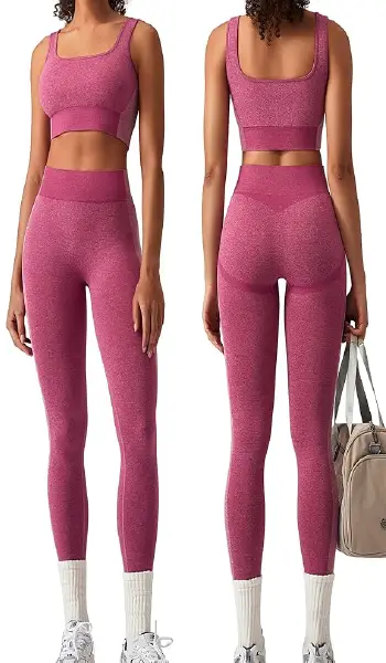 A woman modeling a pink 2-piece seamless yoga set featuring a square neck sports bra and high-waist butt-lifting leggings.