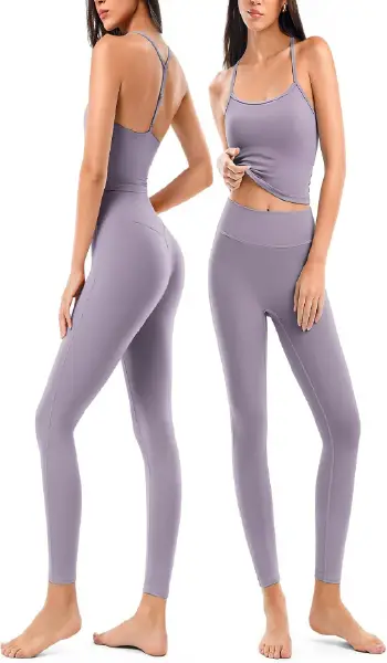 A woman modeling a lavender 2-piece workout set featuring a square neck sports bra and matching seamless leggings.
