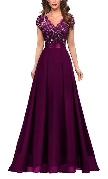 A model wearing a deep purple floor-length A-line gown with a see-through lace cap-sleeve bodice and a flowing chiffon maxi skirt.