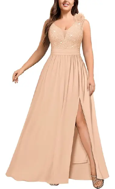 A plus-size model wearing a champagne-colored floor-length chiffon A-line dress featuring a sequined lace bodice, an applique on the shoulder, and a side leg slit.