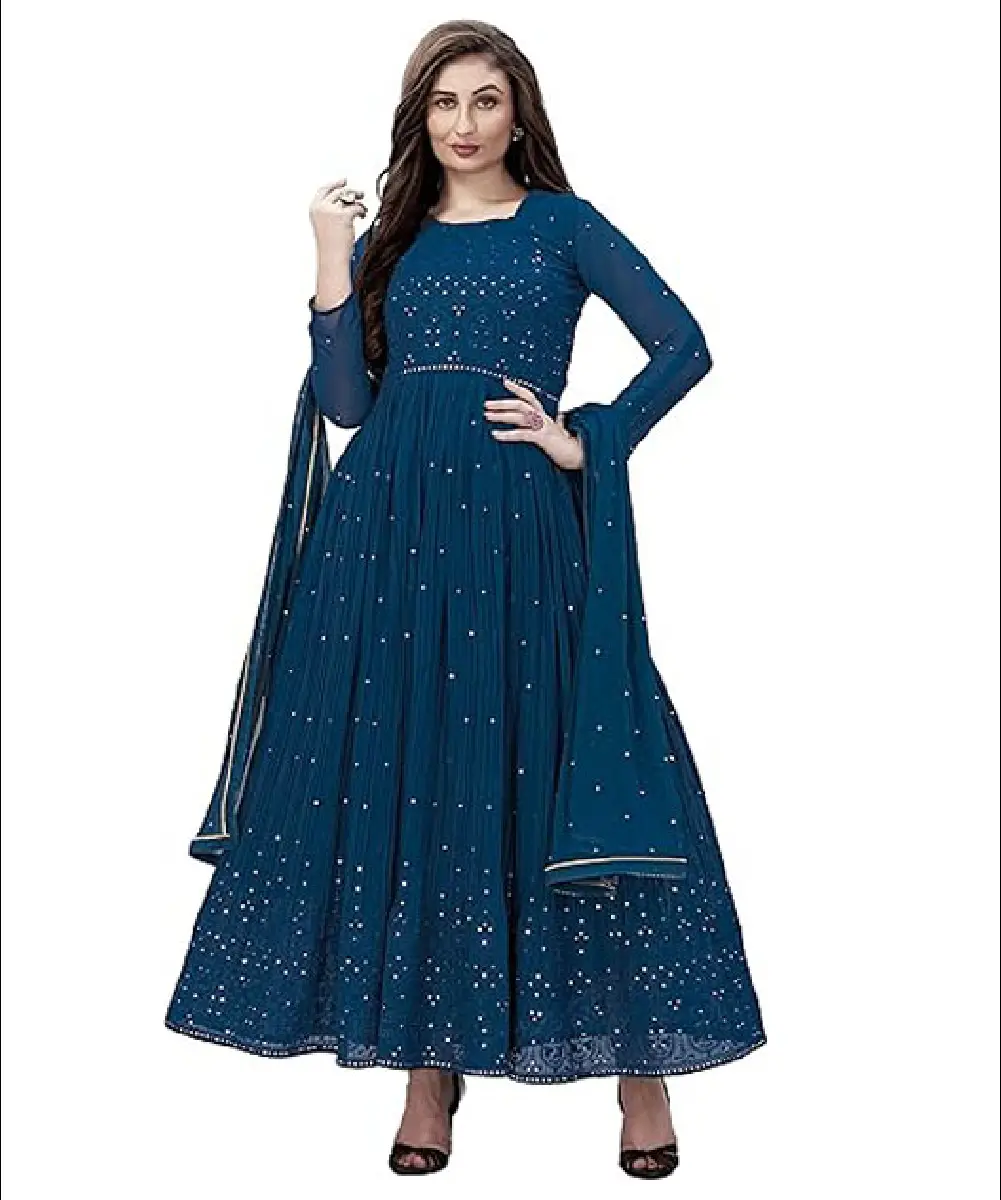 A model is wearing a teal blue floral embroidered georgette anarkali gown and dupatta.