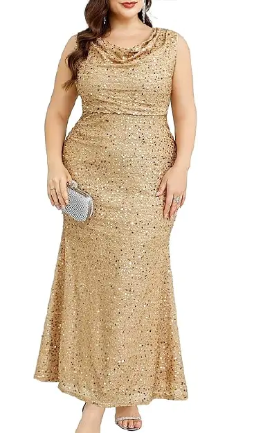 A plus-size model wearing a glamorous gold sequin floor-length sleeveless dress with a draped cowl neckline and a sculpted fishtail hem.