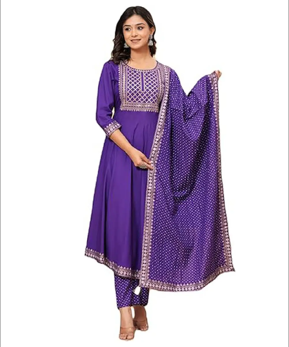 A model is wearing a dark purple rayon straight kurti, matching pants, and a printed dupatta set.