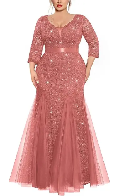 A plus-size model wearing an elegant dusty rose floor-length formal dress with a double V-neck, sequin lace fabric, 2/3 sleeves, and a tulle mermaid hemline.