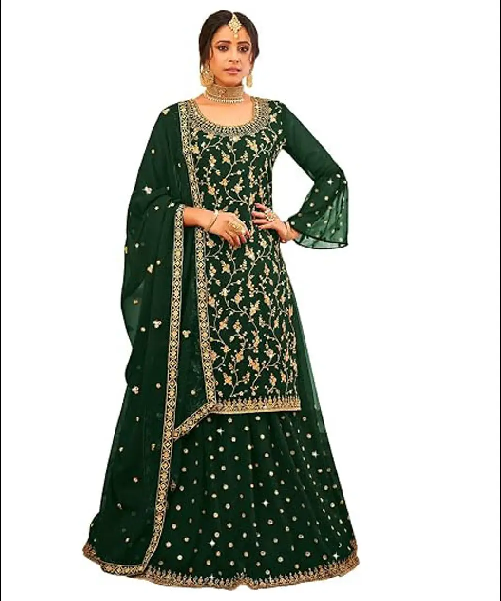 A model is wearing a dark green faux georgette salwar suit with embroidery and sequins.