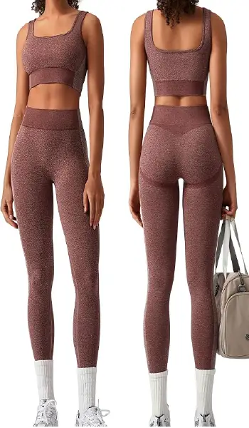 A woman modeling a brown 2-piece seamless yoga set featuring a square neck sports bra and high-waist butt-lifting leggings.