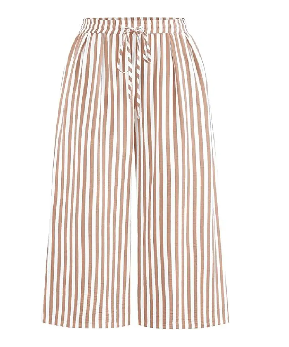 A pair of women's high-waisted, wide-leg palazzo pants featuring a brown and white vertical striped pattern, an elastic waistband, and a drawstring tie.
