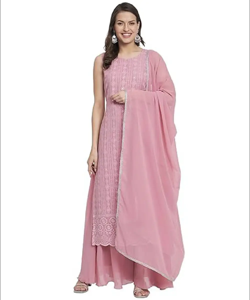 A woman wearing a pink heavy Georgette straight kurta paired with palazzo pants and a matching dupatta, featuring intricate Schiffli (Chikankari) work.