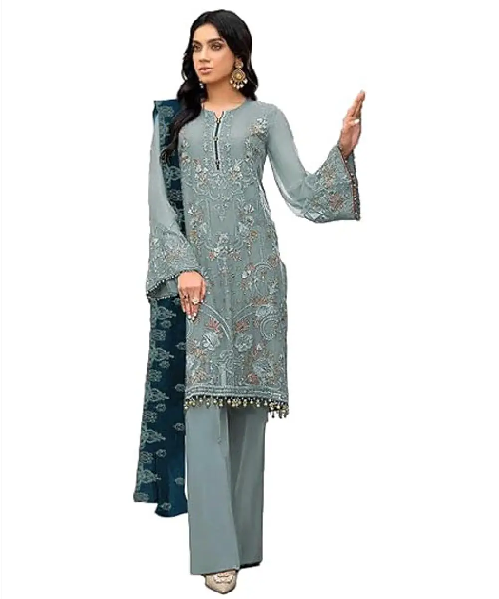 A woman modeling a beautiful light blue ready-to-wear georgette salwar suit featuring intricate floral embroidery, hand work, bell sleeves, a solid santoon bottom, and a contrasting georgette dupatta.