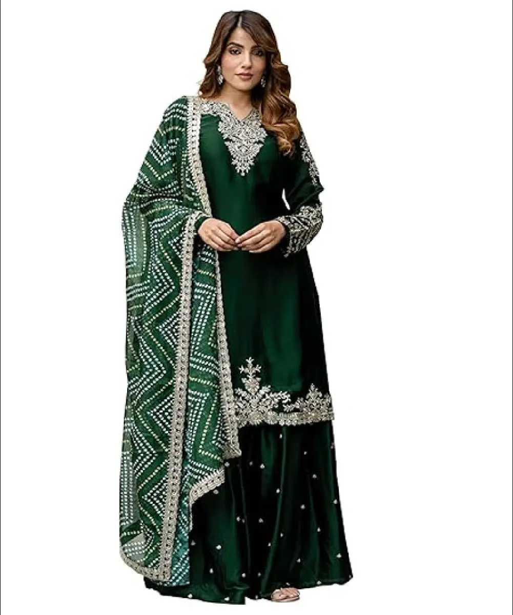 A woman wearing a green satin straight kurta and lehenga set, featuring sequin with zari thread embroidery work and a bandhani print organza dupatta.