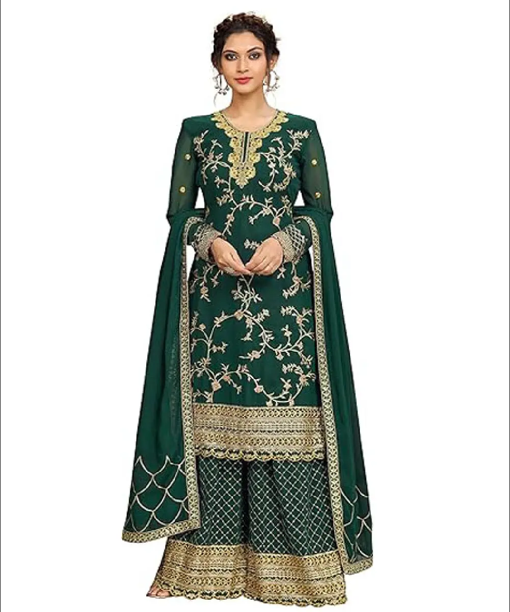 A woman wearing a green straight kurta and sharara suit set made of georgette fabric, featuring floral and checks design sequence embroidery work and full sleeves.