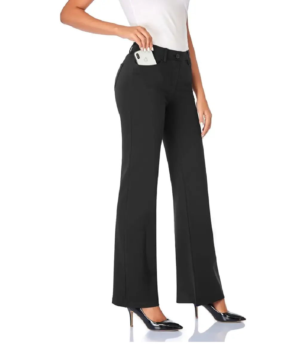 A woman wearing black high-waisted wide-leg dress pants with side pockets and a belt, styled for a professional office look.