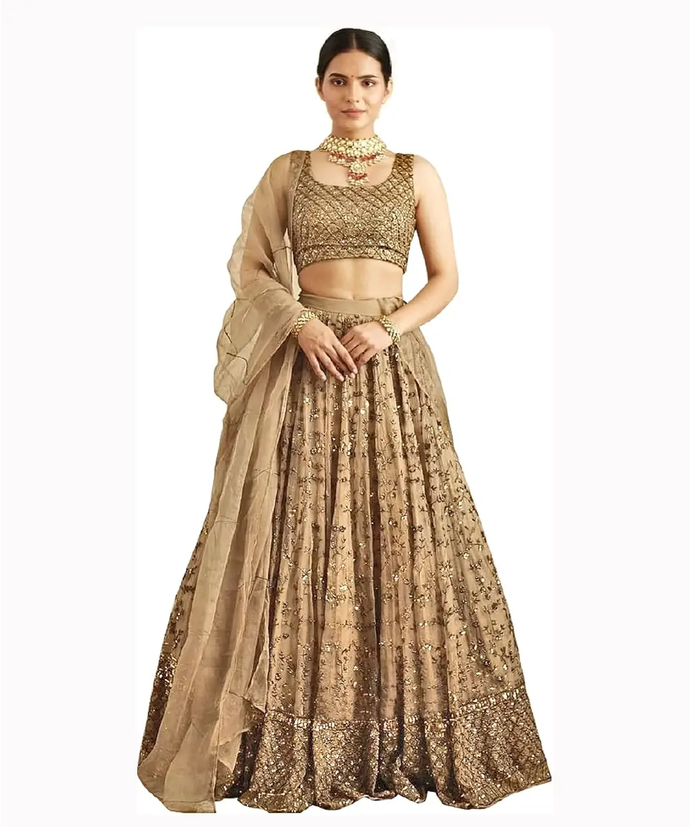 A model is wearing a gold-colored embroidered georgette lehenga and matching dupatta.