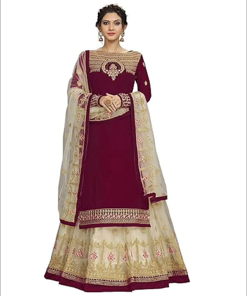 A woman wearing a stylish maroon georgette straight kurta and beige net lehenga suit set featuring intricate floral design embroidery and full sleeves.