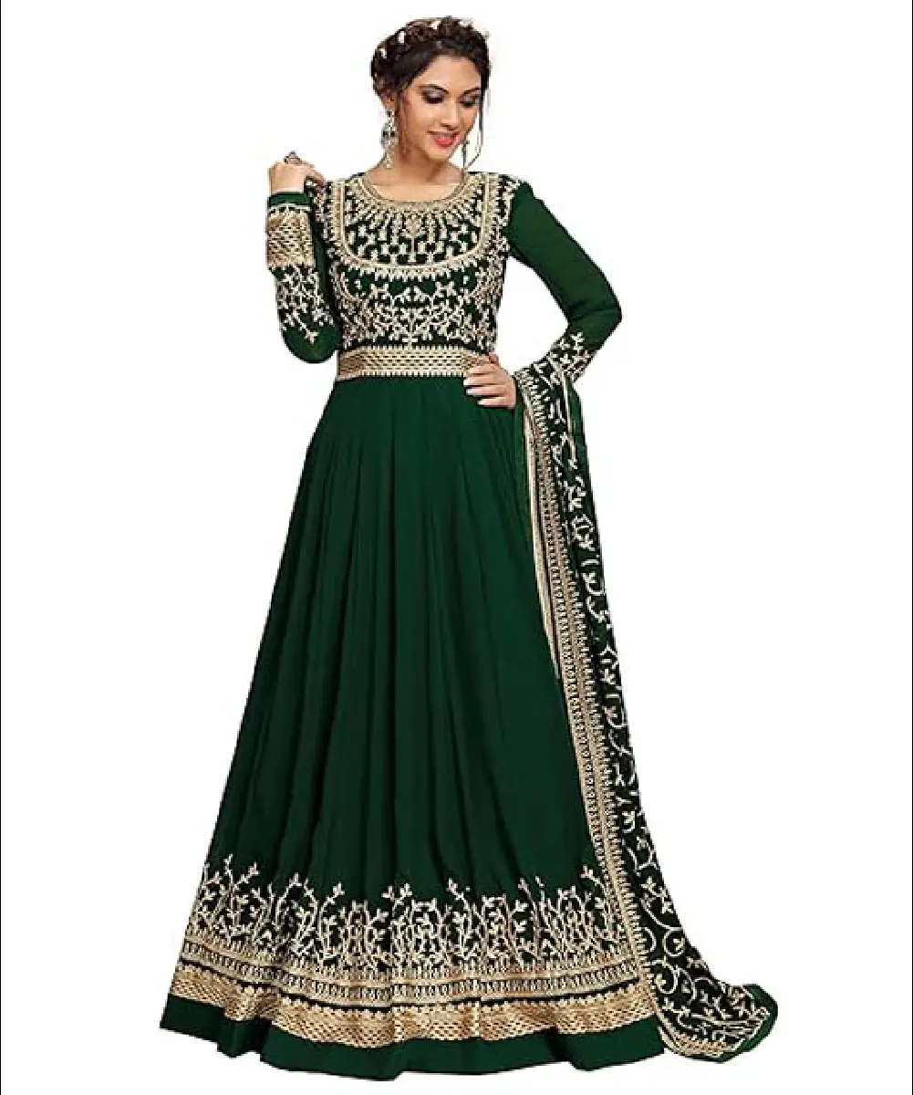 A woman wearing a stylish dark green georgette Anarkali suit/gown featuring intricate floral embroidery work, full sleeves, and a matching dupatta.