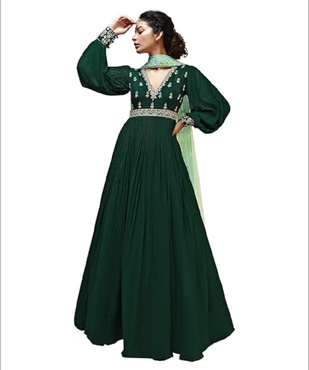 A woman wearing a stylish green georgette Anarkali kurta pant set featuring full puff sleeves, V-neckline, and detailed sequin embroidery beads hand work, paired with a matching dupatta.