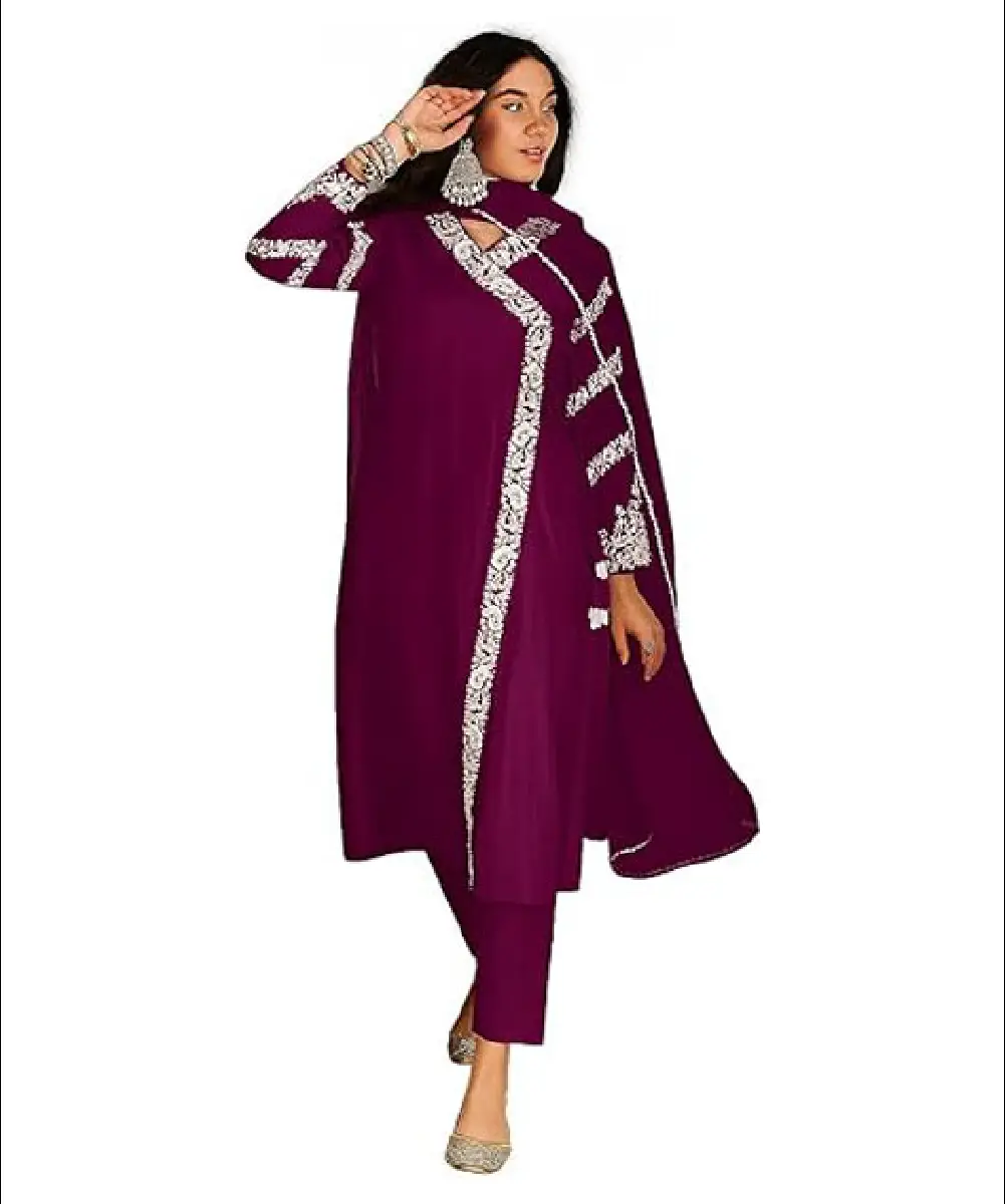 A woman wearing a sophisticated purple 3-piece ethnic set crafted from lightweight Chanderi fabric with intricate embroidery detailing on the kurta and sleeves, paired with straight-fit pants and a matching dupatta.