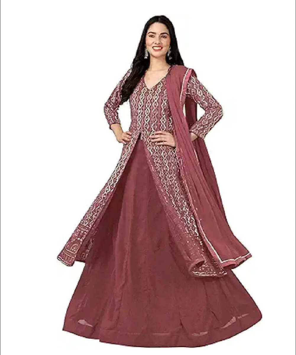 A woman wearing a dark peach Anarkali front-slit kurta with sequence embroidery paired with a matching lehenga and dupatta.