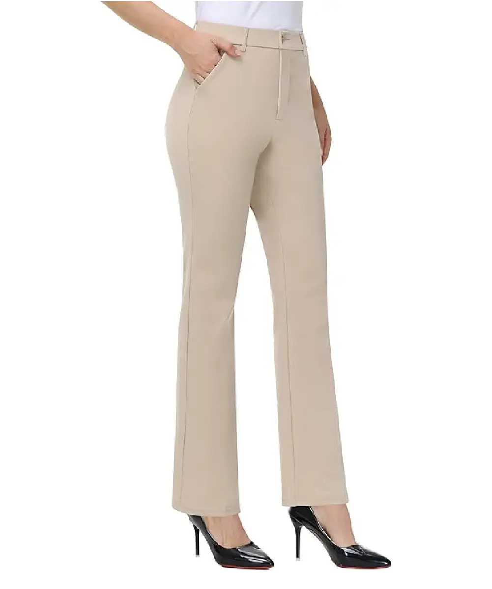 A woman wearing light blue high-waisted linen wide-leg pants with a comfortable drawstring elastic waistband and side pockets, styled with a simple top.
