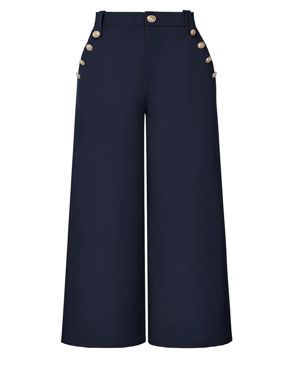 A pair of solid navy blue, high-waisted, wide-leg women's dress pants featuring straight-leg styling and decorative gold-tone buttons.