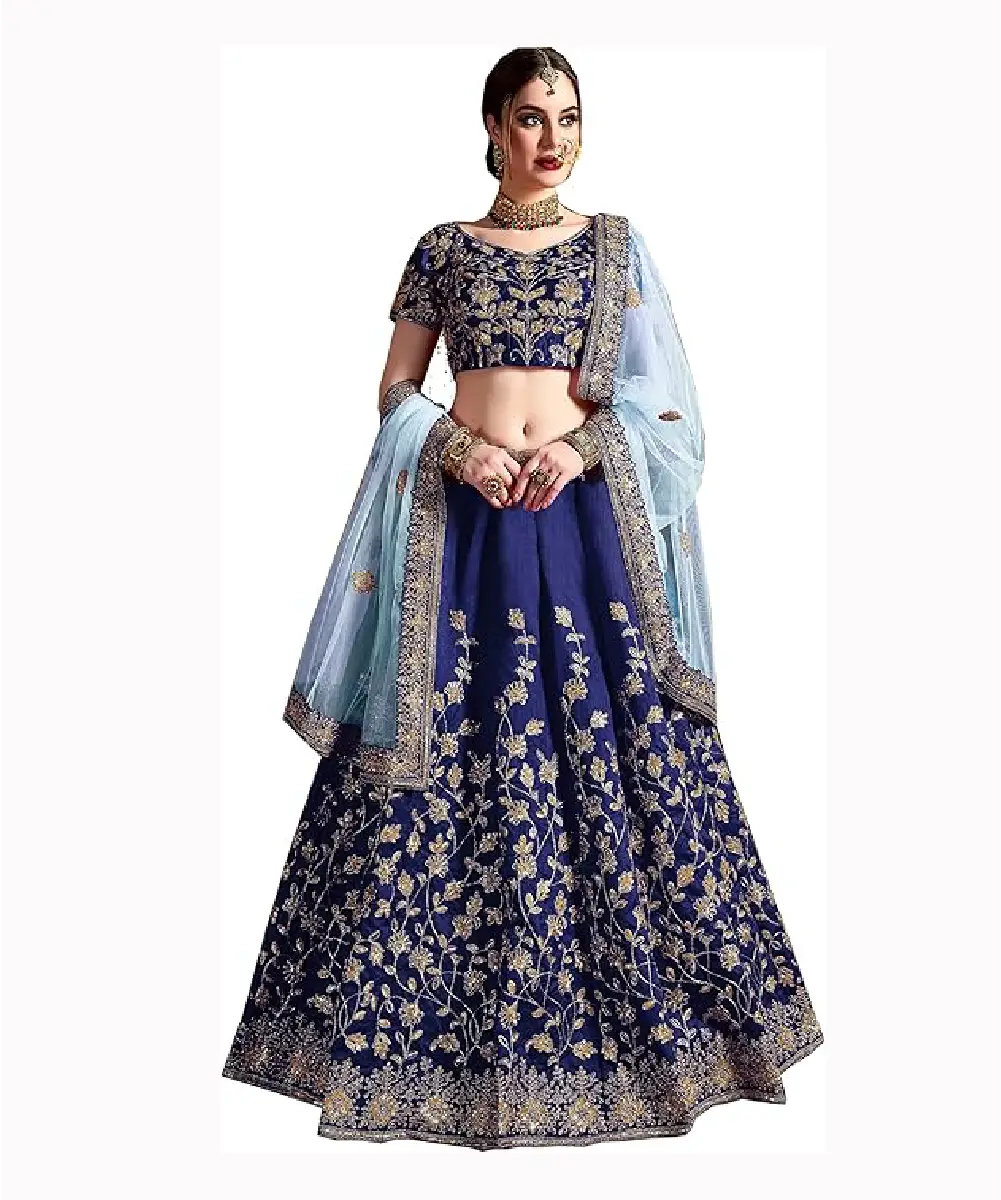 A model is wearing a blue silk lehenga choli and a light blue net dupatta, which has exquisite golden embroidery work.