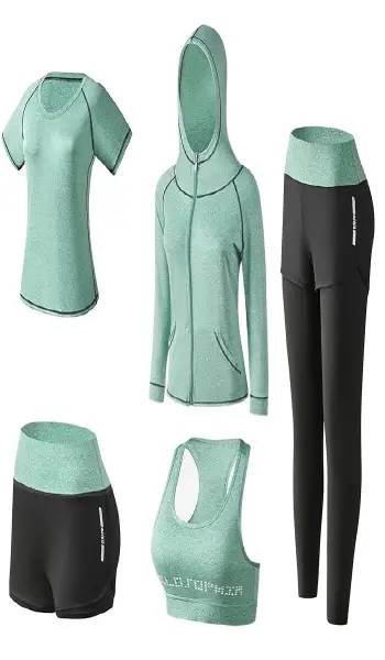 Women's 5-Piece Athletic Workout Set - Yoga Bra, T-Shirt, Jacket, Leggings & Shorts