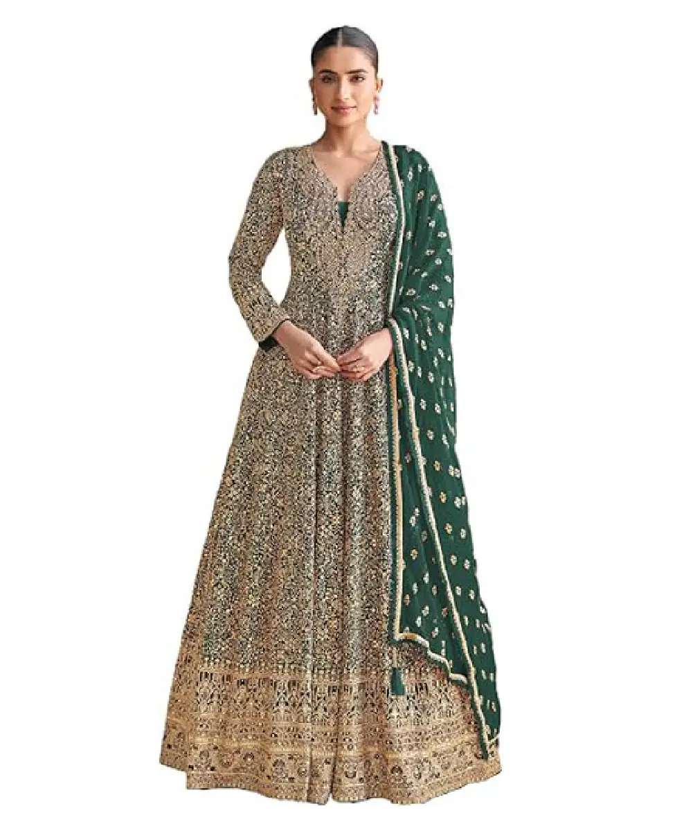 A woman wearing a stunning dark green Real Georgette Anarkali suit featuring intricate sequin embroidery work and a matching dupatta.