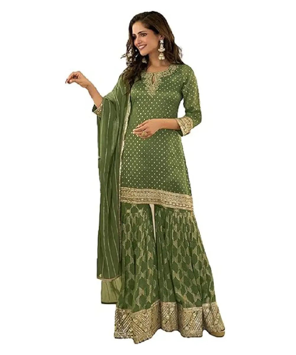A woman wearing an olive green sharara suit crafted from Simar Viscose Jacquard fabric, featuring intricate sequence embroidery work and a matching dupatta.