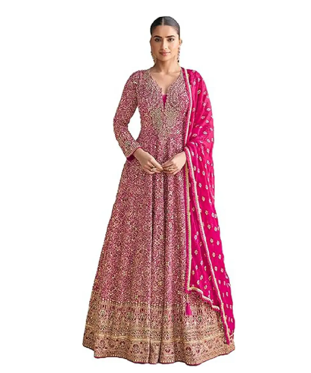 A woman wearing a stunning magenta Real Georgette Anarkali suit featuring intricate sequin embroidery work and a matching dupatta.