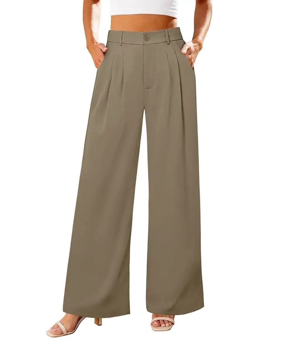 A woman wearing dark gray high-waisted wide-leg dress pants with side pockets and a belt, styled for a professional office look.
