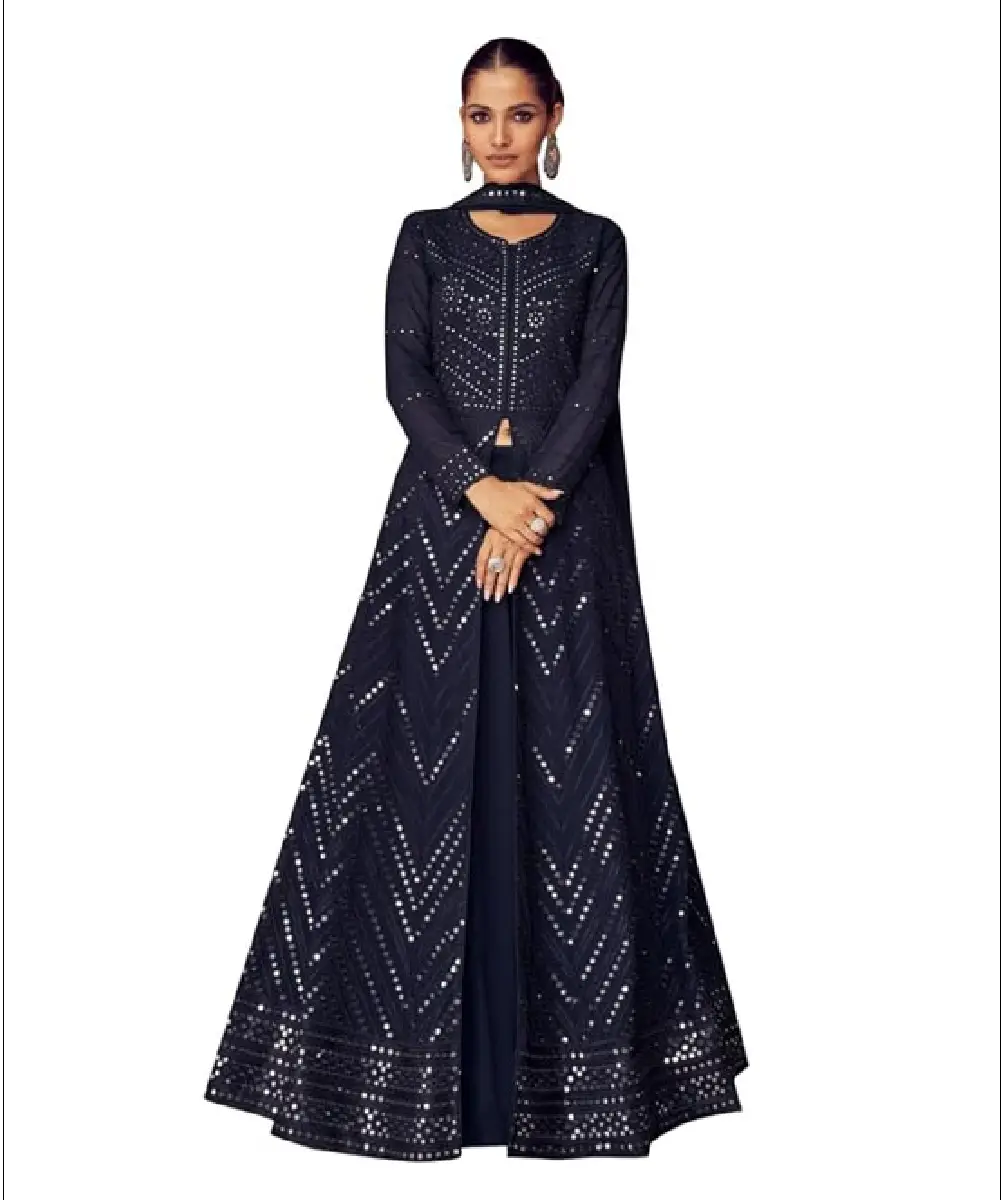 A woman wearing a navy blue Anarkali front-slit kurta with intricate sequence embroidery, paired with a matching lehenga and dupatta.