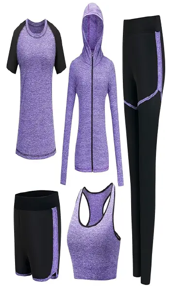 A 5-piece women's activewear set in purple and black, including a sports bra, short-sleeve T-shirt, zip-up hooded jacket, leggings, and running shorts.