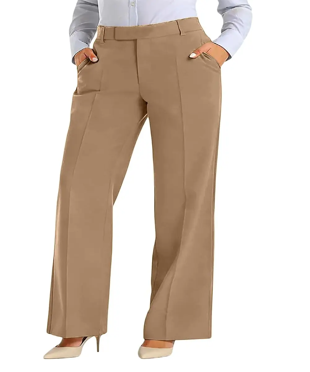 A woman wearing brown high-waisted straight-leg dress pants with a tie belt, side pockets, and an invisible zipper closure, styled for a professional office look.