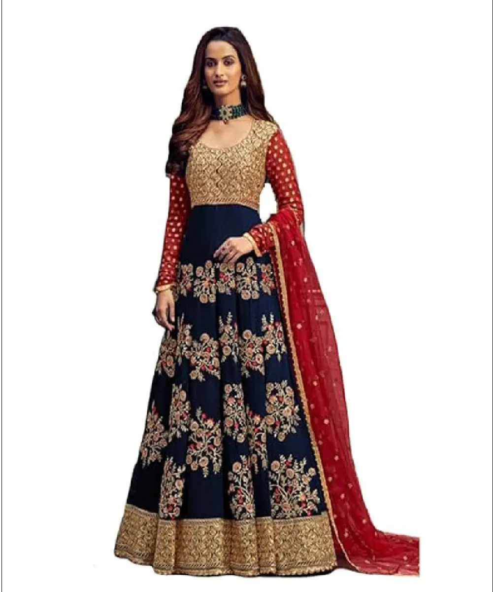 A woman wearing a navy blue floor-length gown with heavy sequence and stone embroidery, red long sleeves, and a matching red chiffon dupatta.