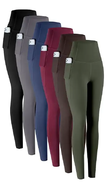 A collection of six LZYVOO high-waisted yoga leggings in various colors, each featuring deep side pockets and a sleek athletic fit.