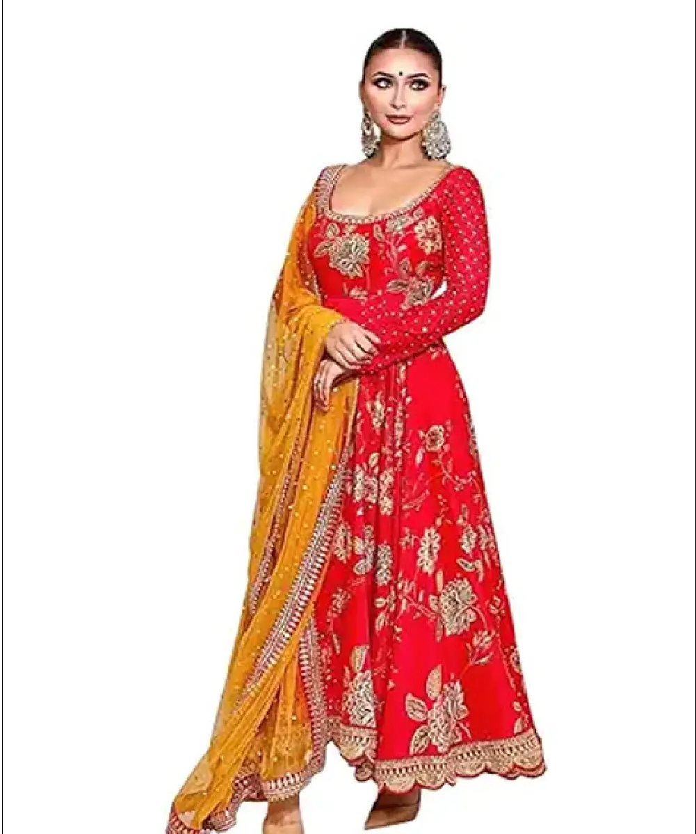 A woman wearing a red faux georgette Anarkali-style printed kurta featuring a round neck and full sleeves, paired with a matching yellow dupatta.